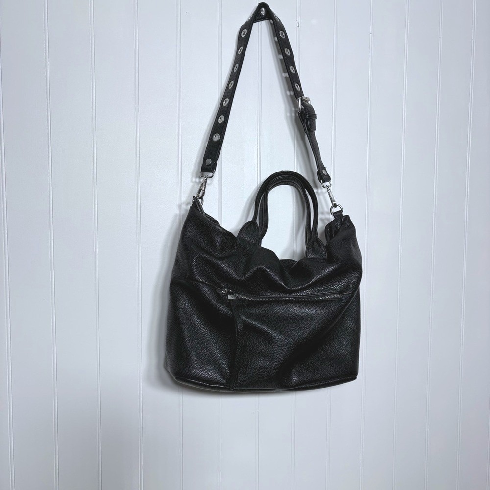 Phase 3 Black Pebbled Leather Hobo Bag Studded Strap Minimalist Slouchy Luxe‎
